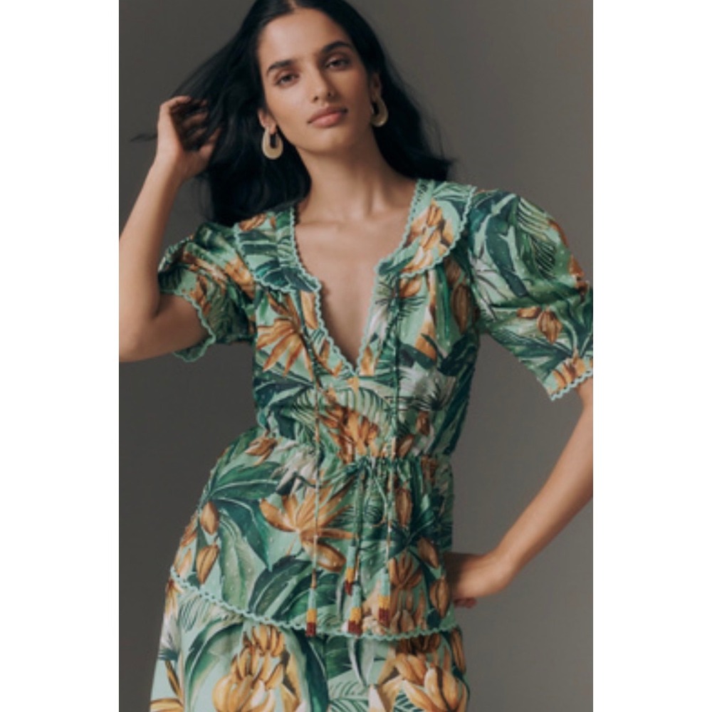 Farm Rio for Anthropologie Green Tropical Banana Print Puff Sleeve Blouse NWT M